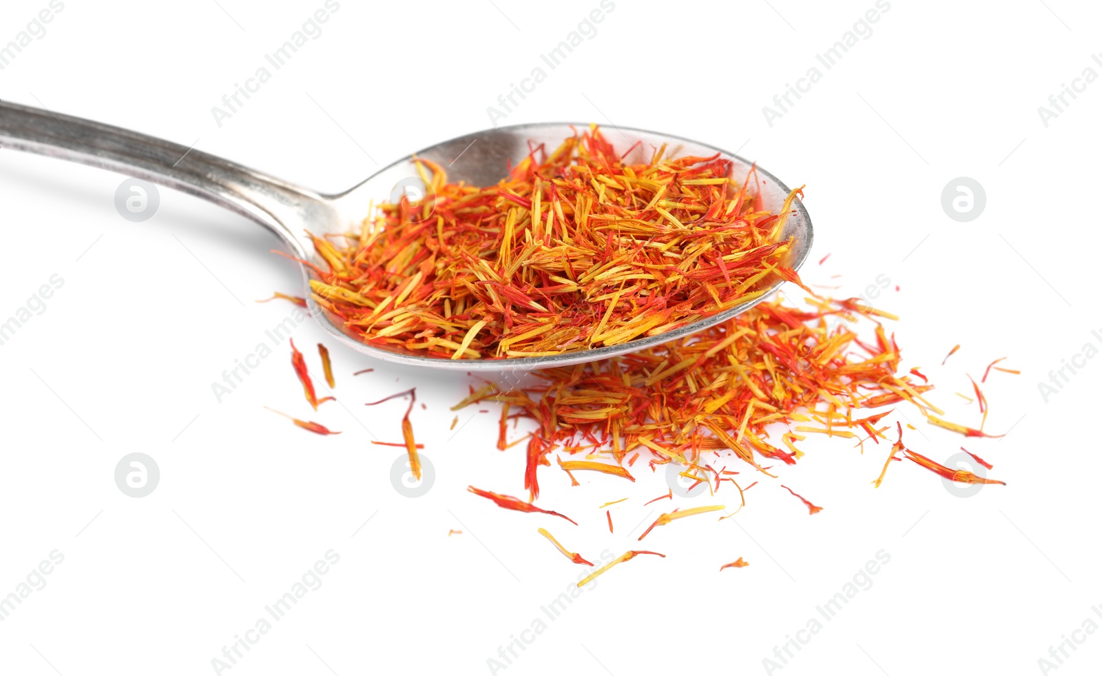 Photo of Aromatic saffron and spoon isolated on white