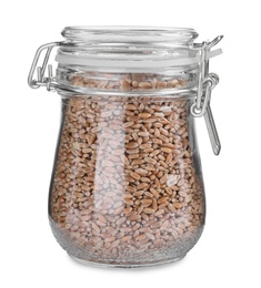 Photo of Glass jar with wheat grains isolated on white