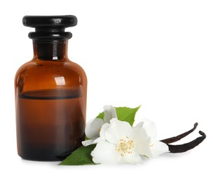 Jasmine essential oil, fresh flowers and vanilla sticks on white background