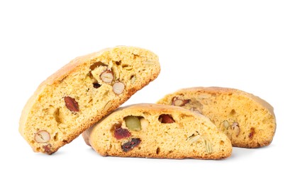 Photo of Slices of tasty cantucci with berry and pistachio on white background. Traditional Italian almond biscuits