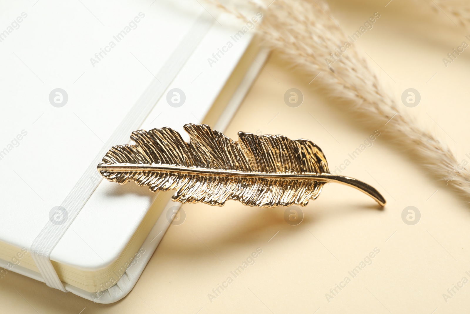 Photo of Stylish hair clip and book on beige background