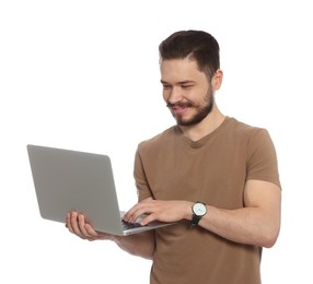 Photo of Happy man using laptop on white background