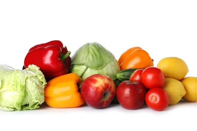 Pile of fresh fruits and vegetables isolated on white