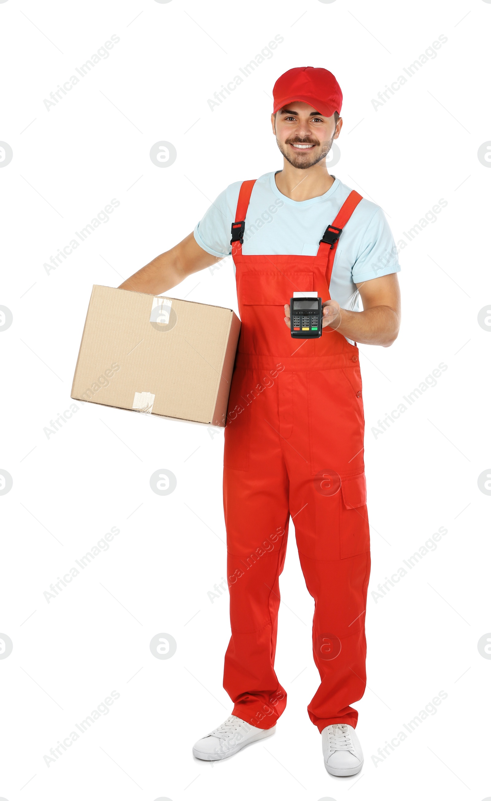 Photo of Male courier with parcel and payment terminal on white background. Space for text