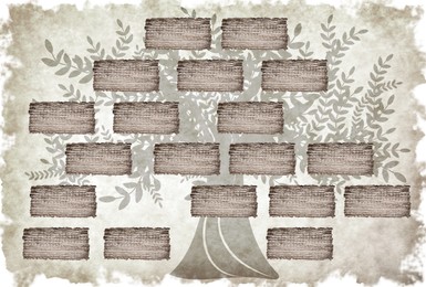 Family tree with empty frames for photos in vintage style, illustration. Space for design