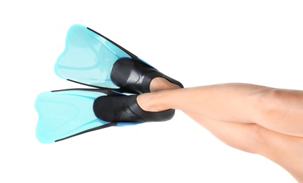 Photo of Woman wearing blue flippers on white background, closeup