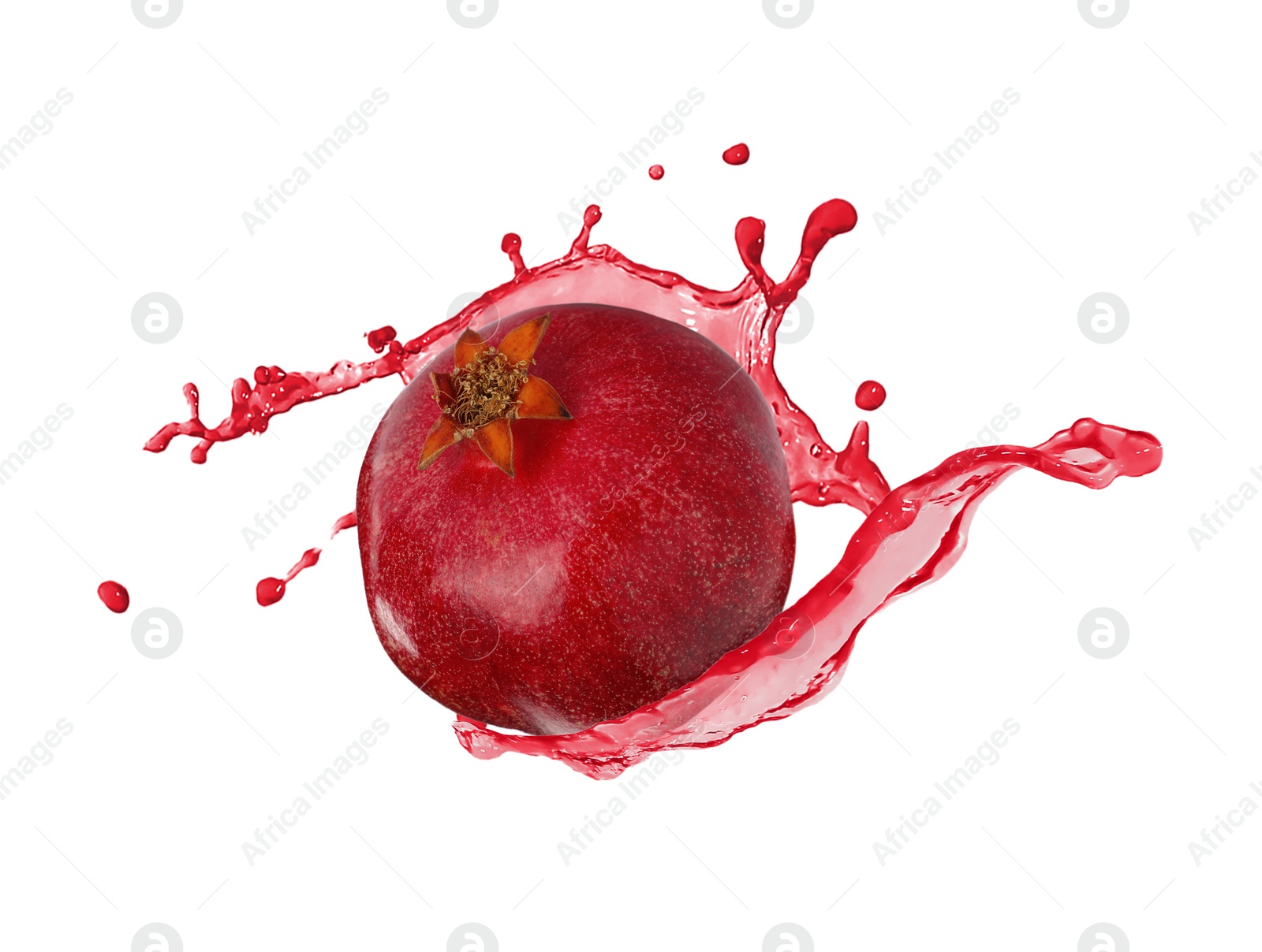 Image of Fresh ripe pomegranate and splash of juice on white background