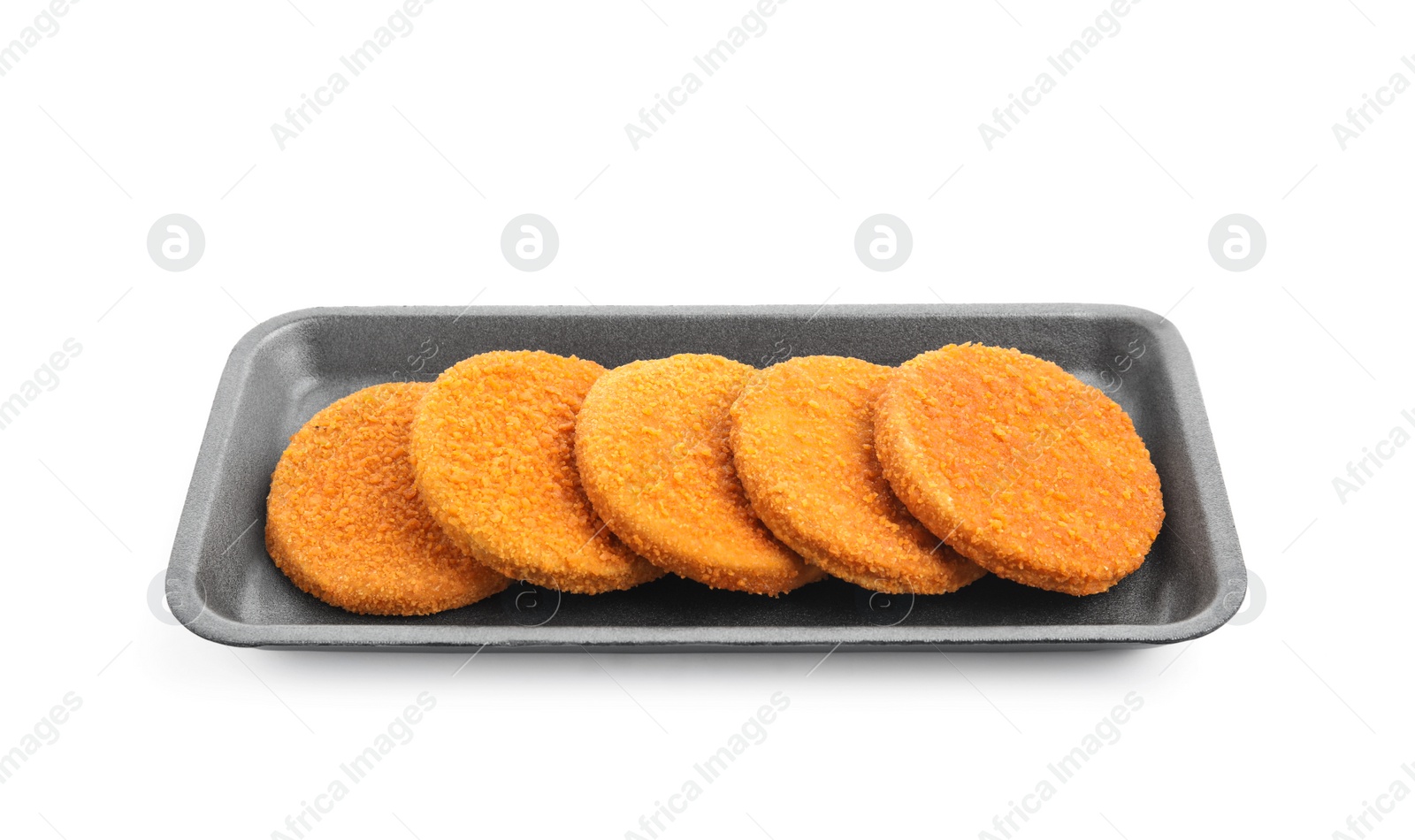 Photo of Uncooked breaded cutlets on white background. Freshly frozen semi-finished product