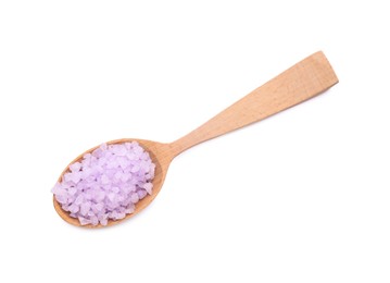 Photo of Wooden spoon with violet sea salt isolated on white, top view