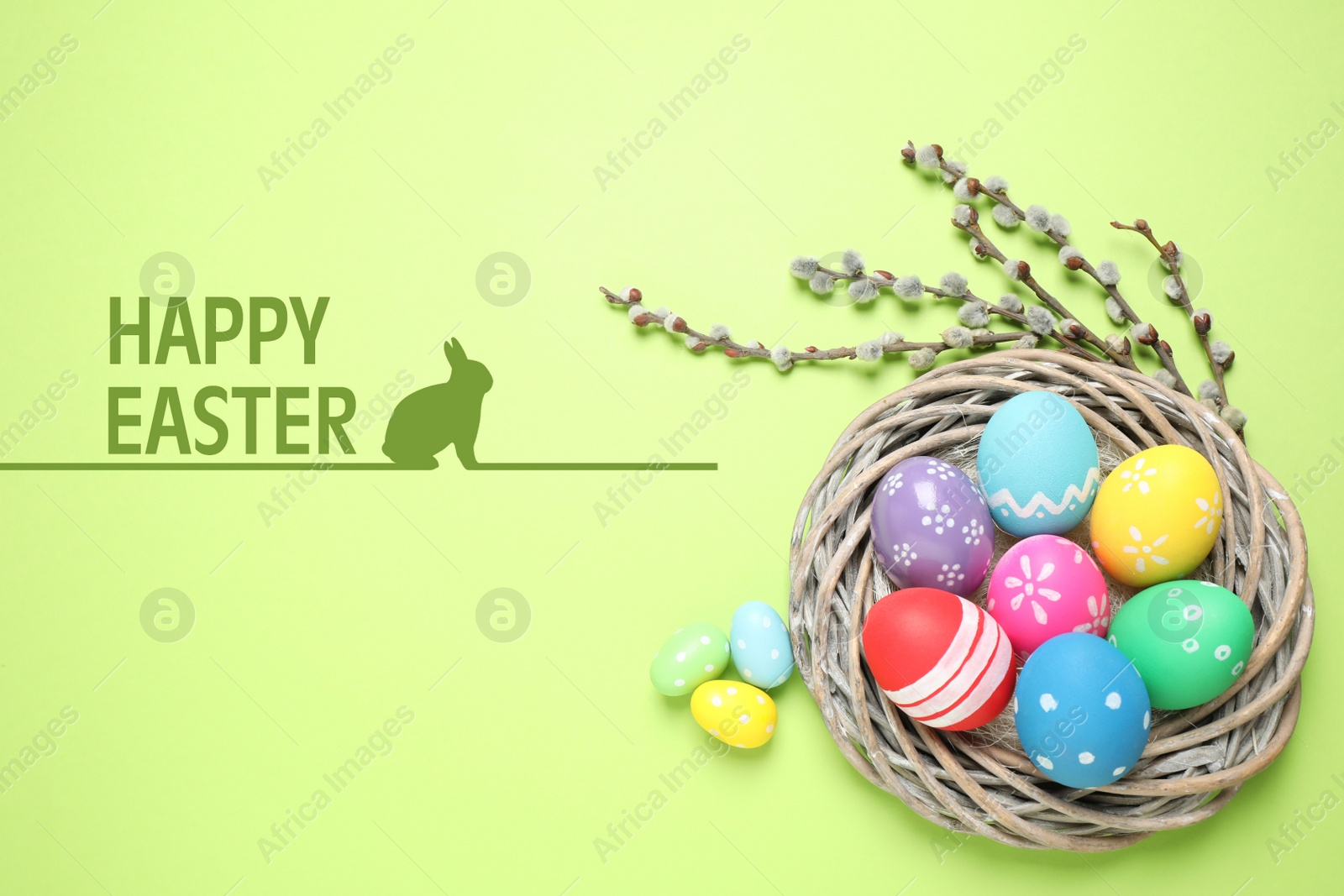 Image of Flat lay composition with bright eggs and text Happy Easter on green background