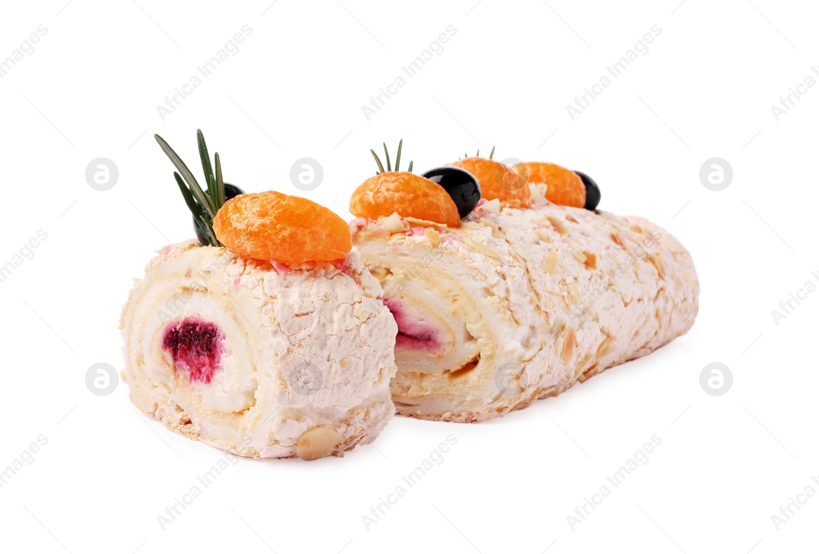 Photo of Tasty meringue roll with jam, tangerine slices and rosemary isolated on white
