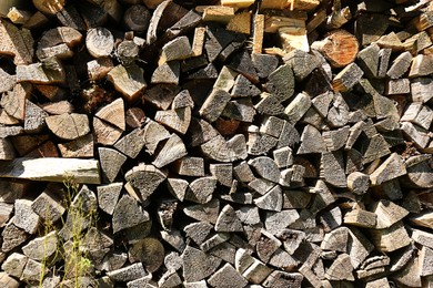 Stacked firewood as background. Heating house in winter