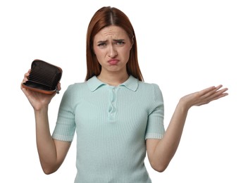 Photo of Upset woman with empty wallet on white background