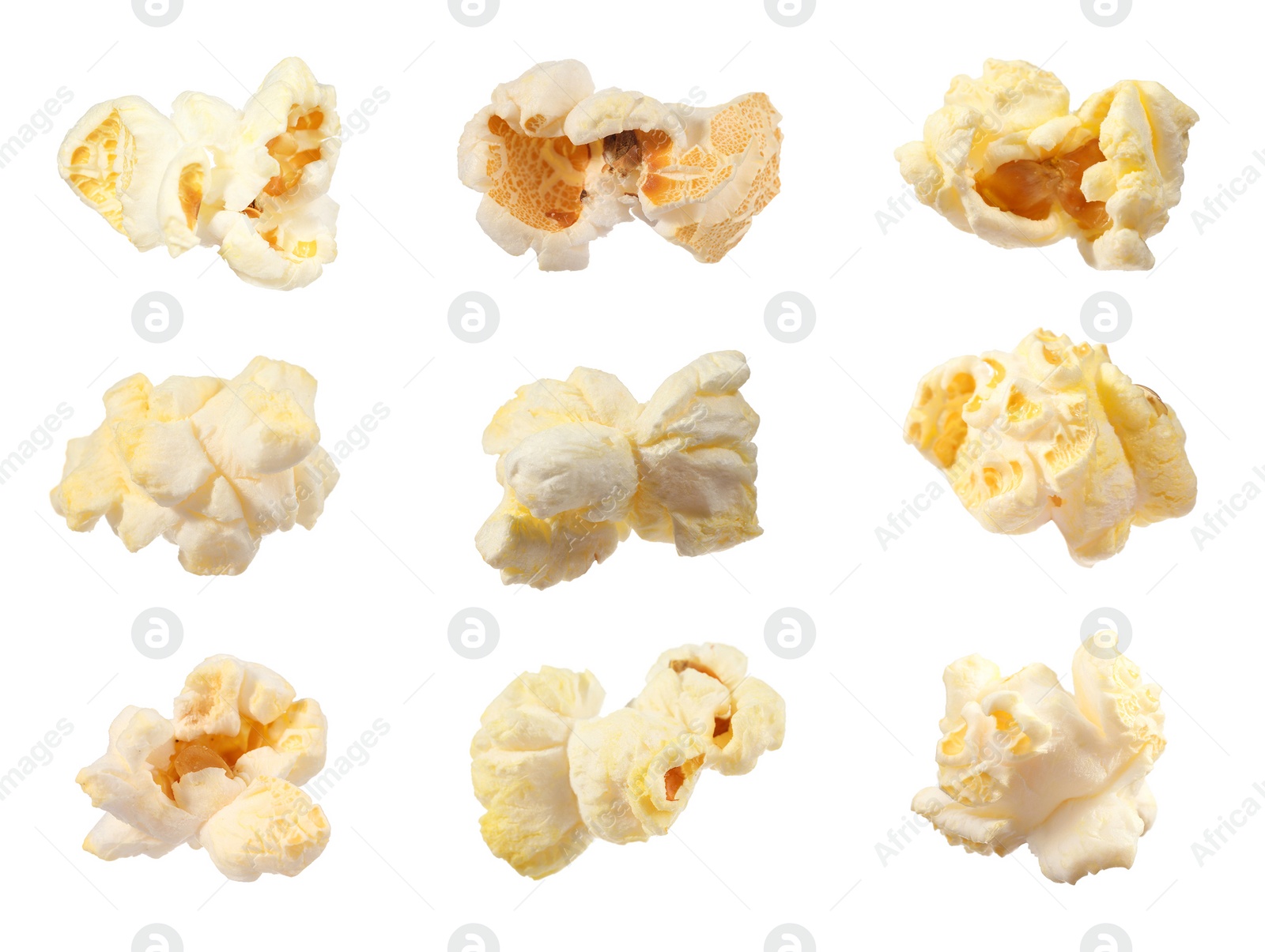 Image of Tasty popcorn. Many popped kernels isolated on white