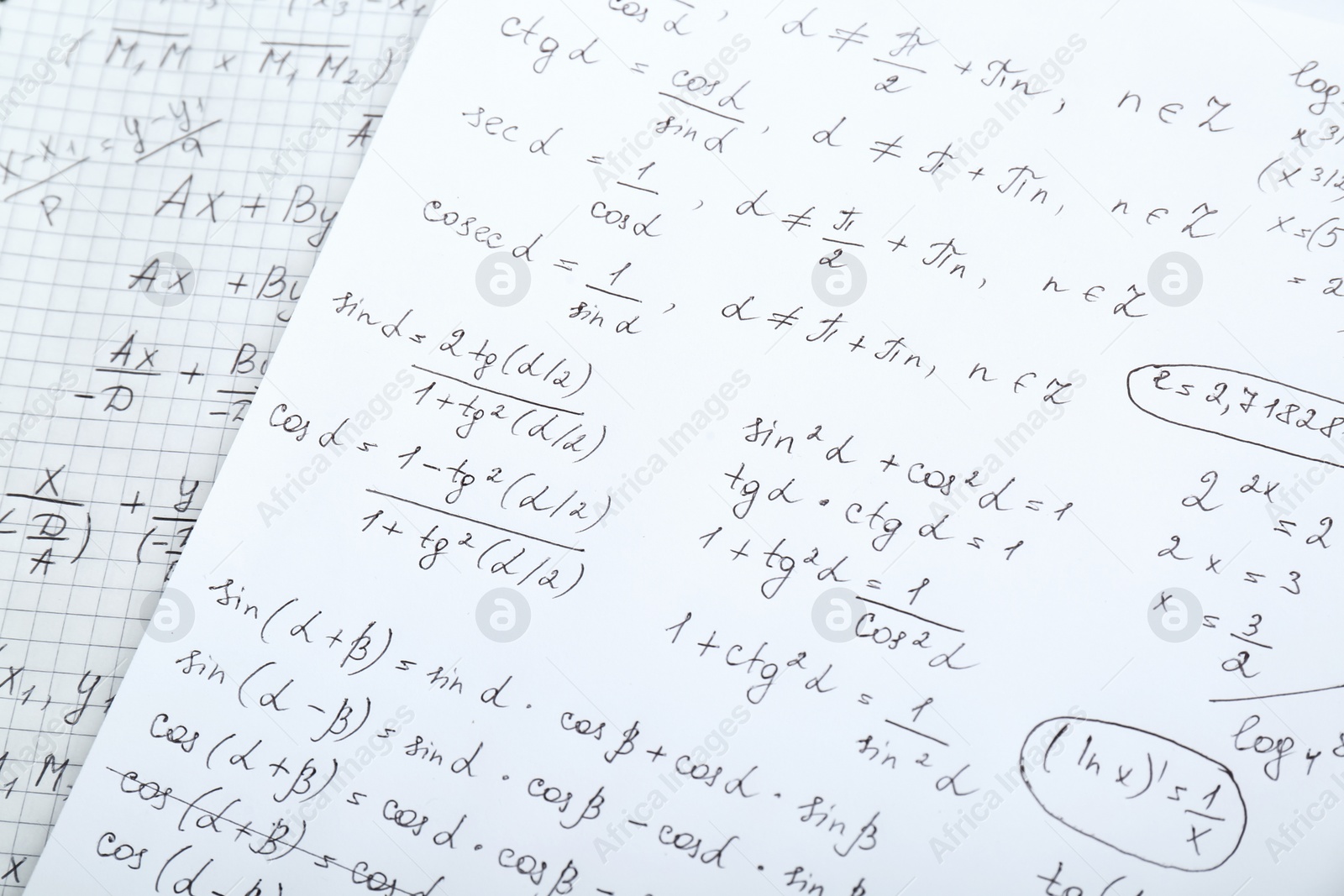 Photo of Sheets of paper with different mathematical formulas, closeup