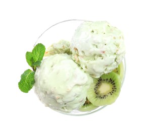 Photo of Delicious green ice cream with mint and kiwi in glass dessert bowl isolated on white, top view