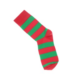 One red and green striped sock on white background