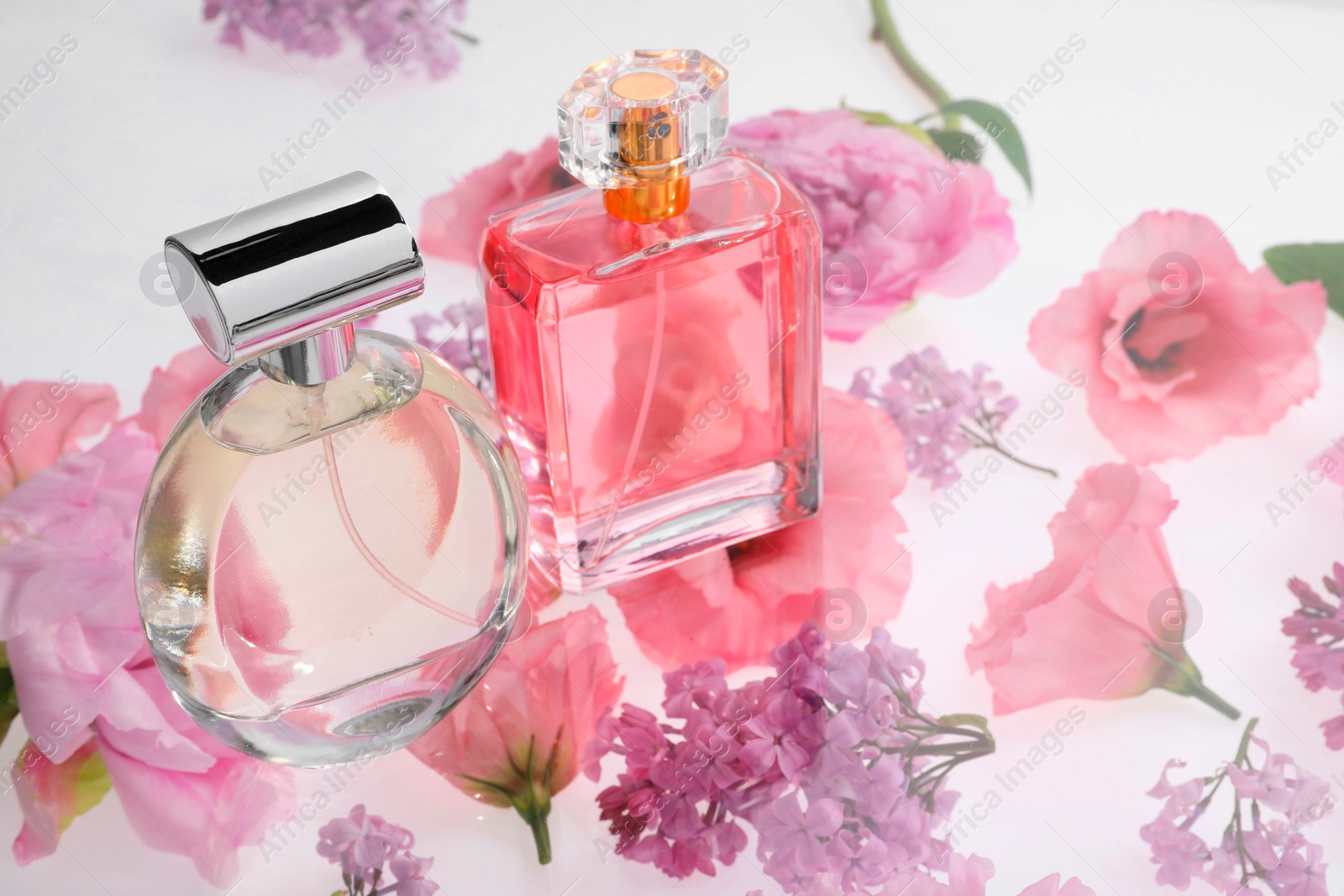 Photo of Two luxury perfumes on spring floral decor