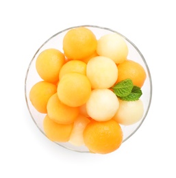 Photo of Melon balls and mint in glass isolated on white, top view