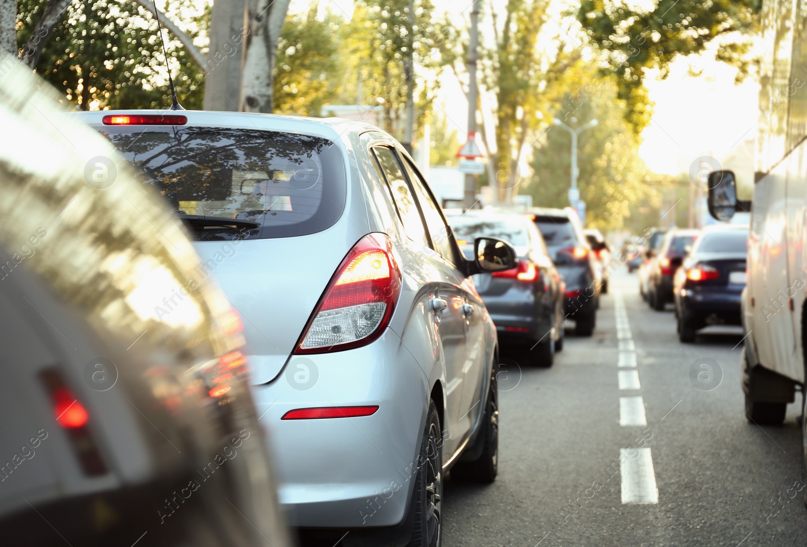 Image of Cars in traffic jam on city street