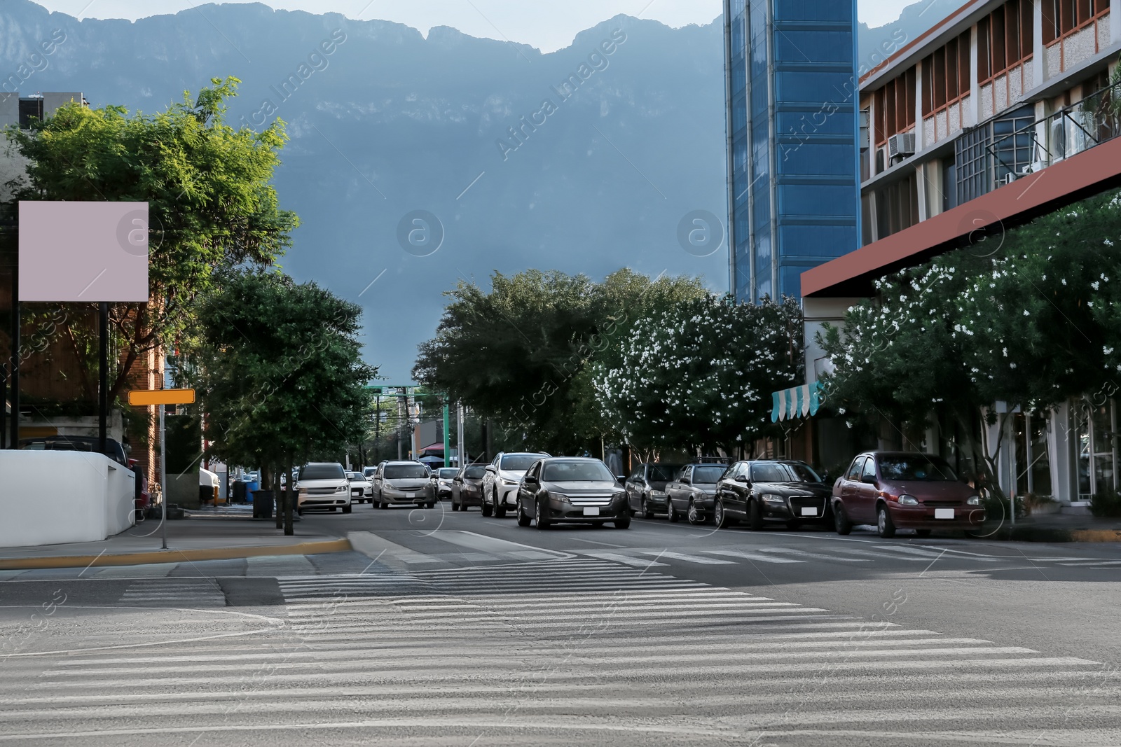 Photo of Picturesque view of city street with cars on road near beautiful buildings