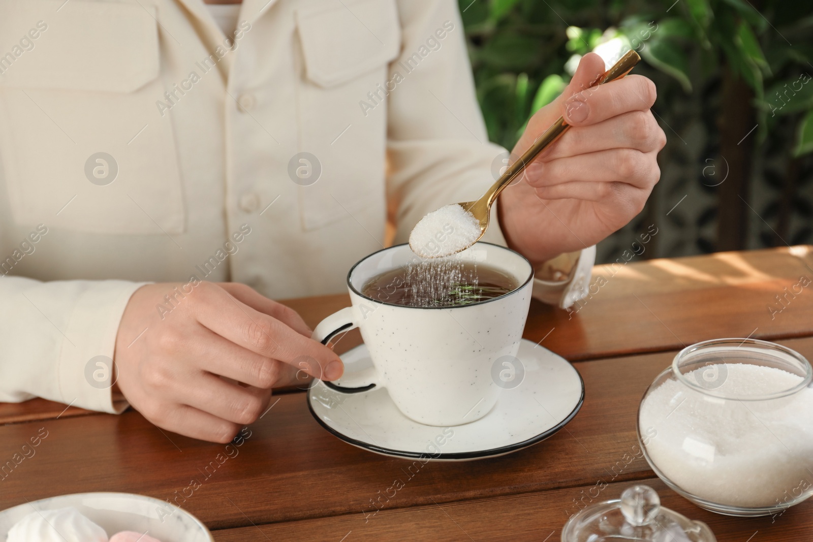 Photo of Woman adding sugar into aromatic tea at wooden table indoors, closeup