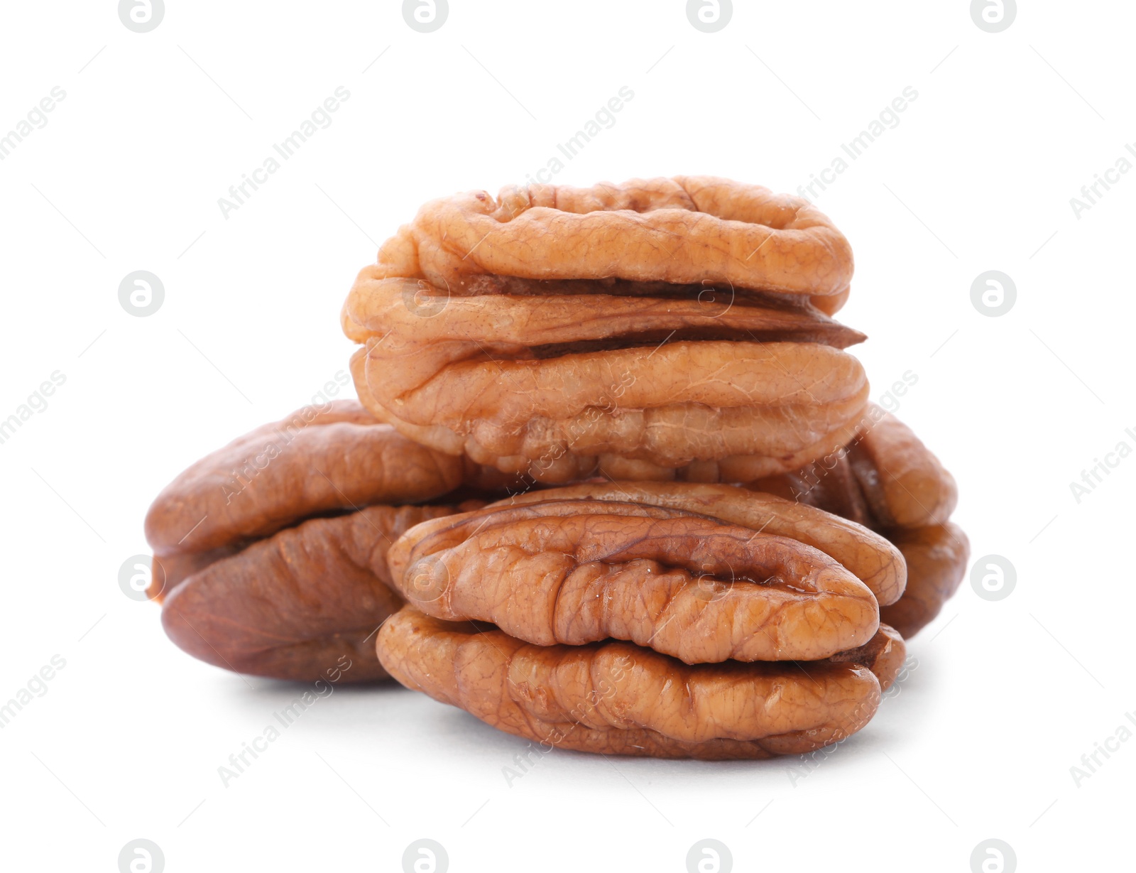 Photo of Heap of ripe shelled pecan nuts on white background