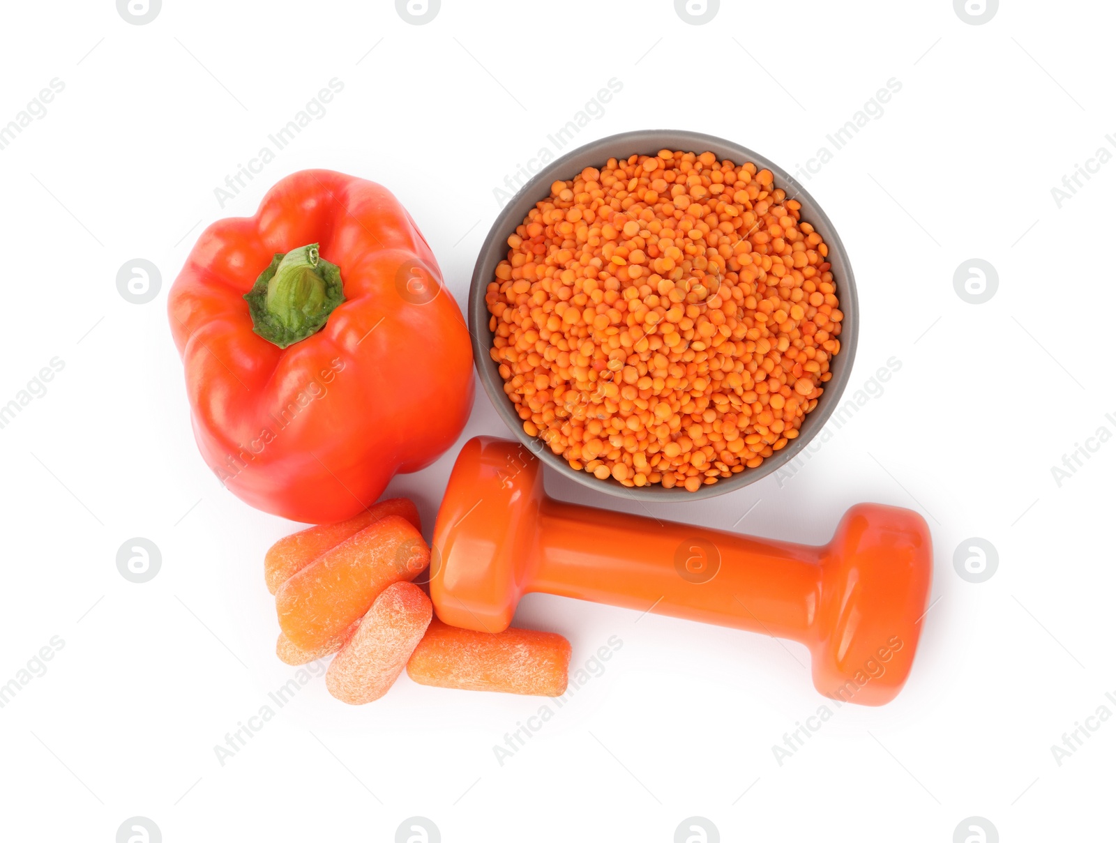 Photo of Healthy diet. Lentil, bell pepper, carrots and dumbbell isolated on white, top view