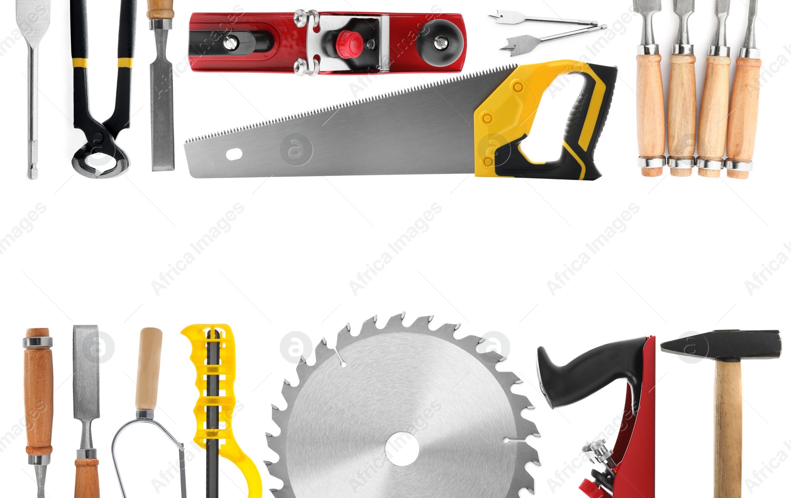 Image of Collage with different modern carpenter's tools on white background, top view