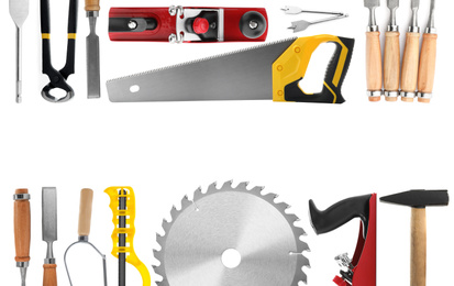 Image of Collage with different modern carpenter's tools on white background, top view