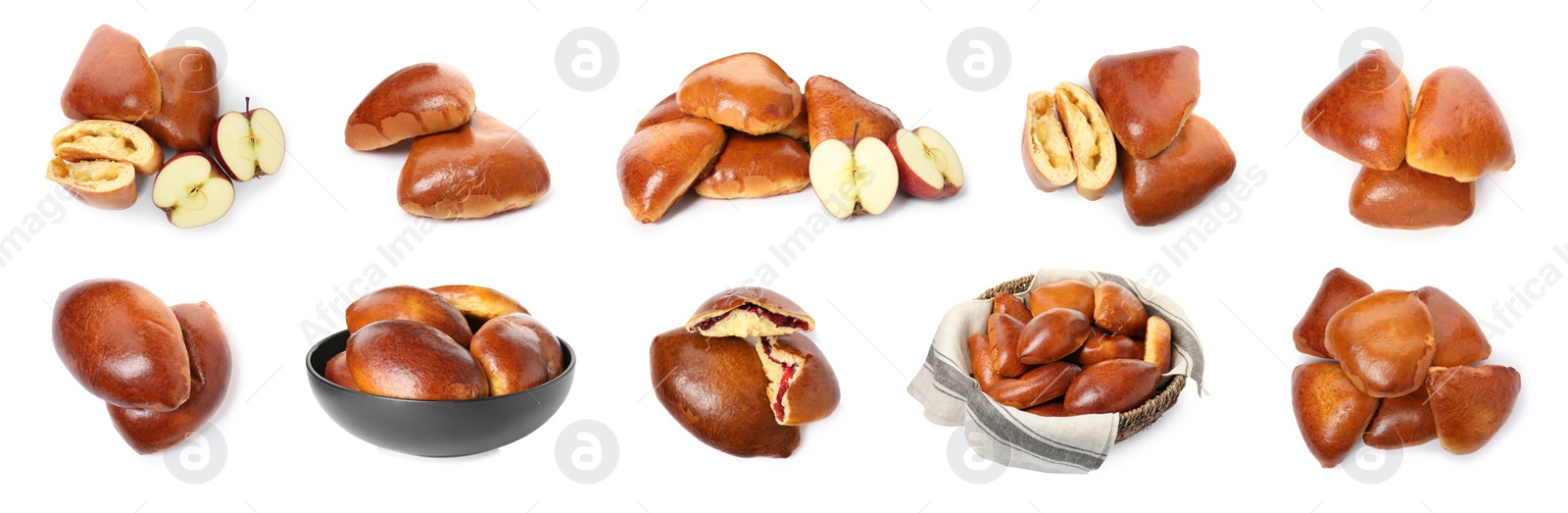 Image of Set with  delicious baked pirozhki on white background. Banner design