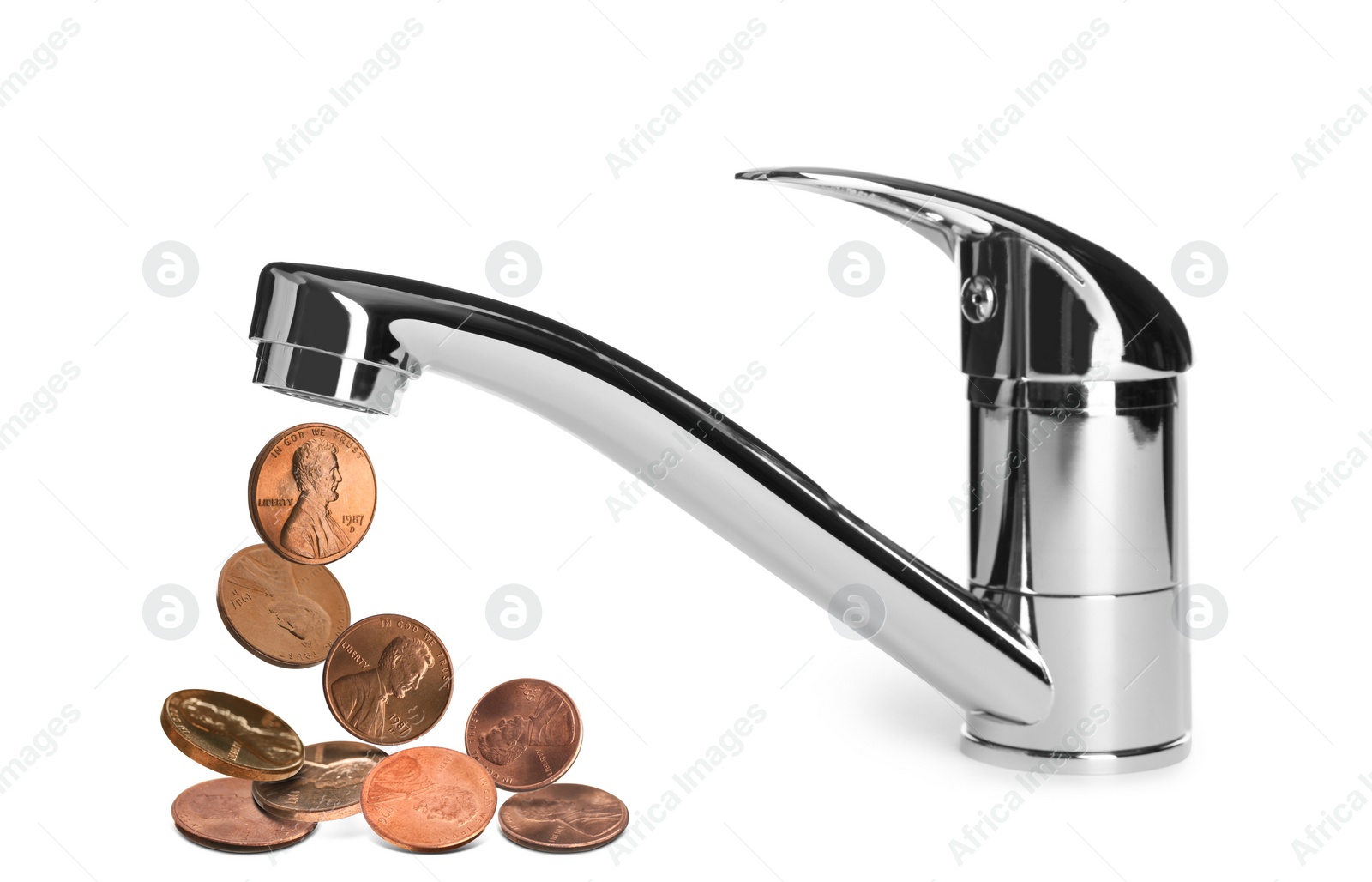 Image of Modern faucet and cent coins on white background