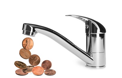 Modern faucet and cent coins on white background