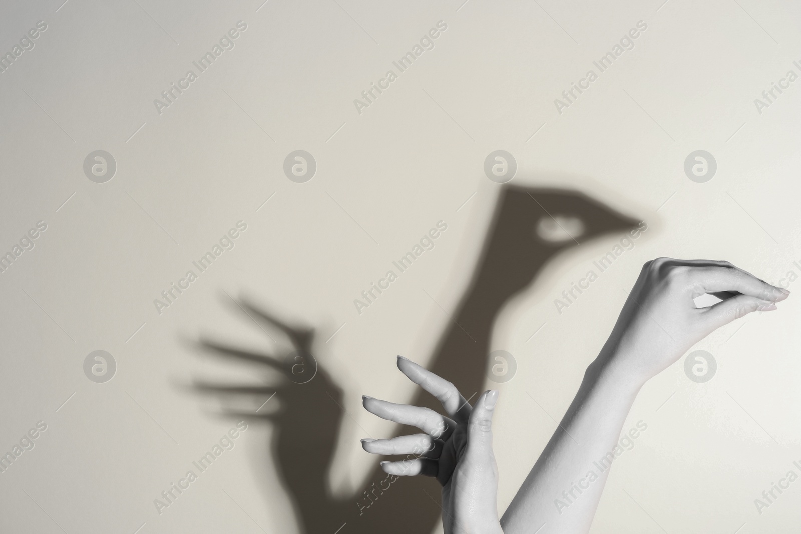 Photo of Shadow puppet. Woman making hand gesture like swan on light background, closeup with space for text. Black and white effect