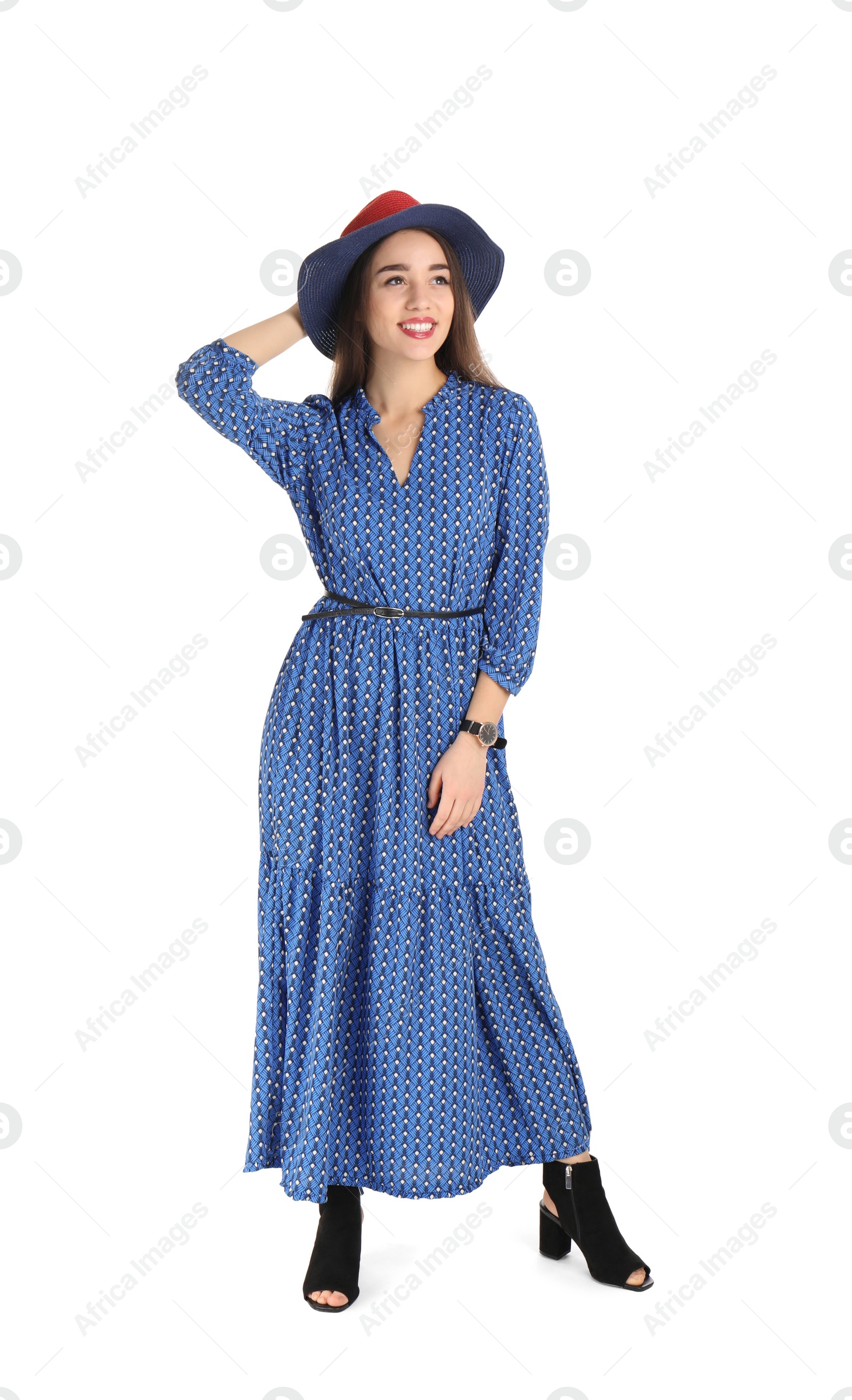 Photo of Portrait of beautiful young woman in stylish dress on white background