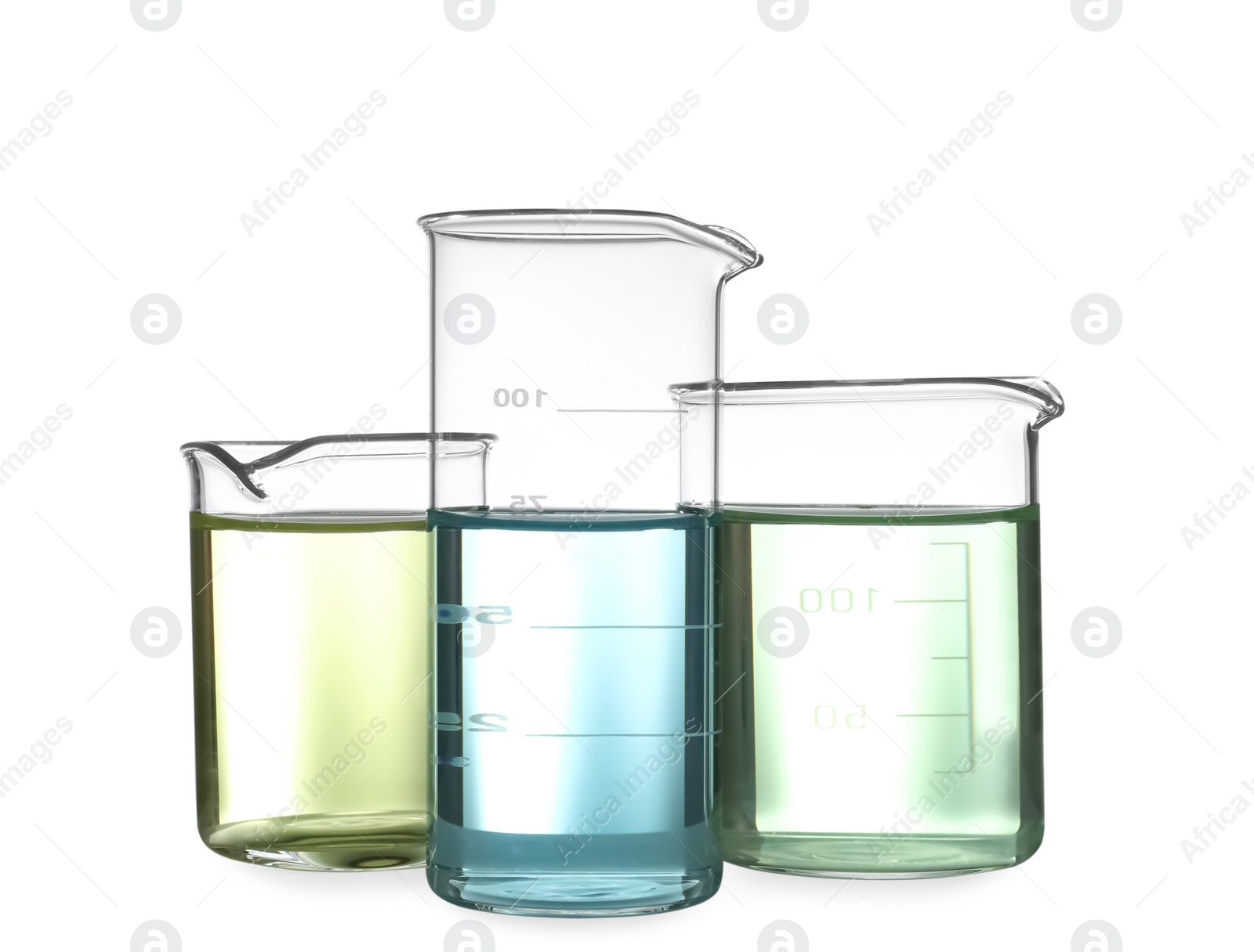 Photo of Glassware with liquids isolated on white. Laboratory analysis