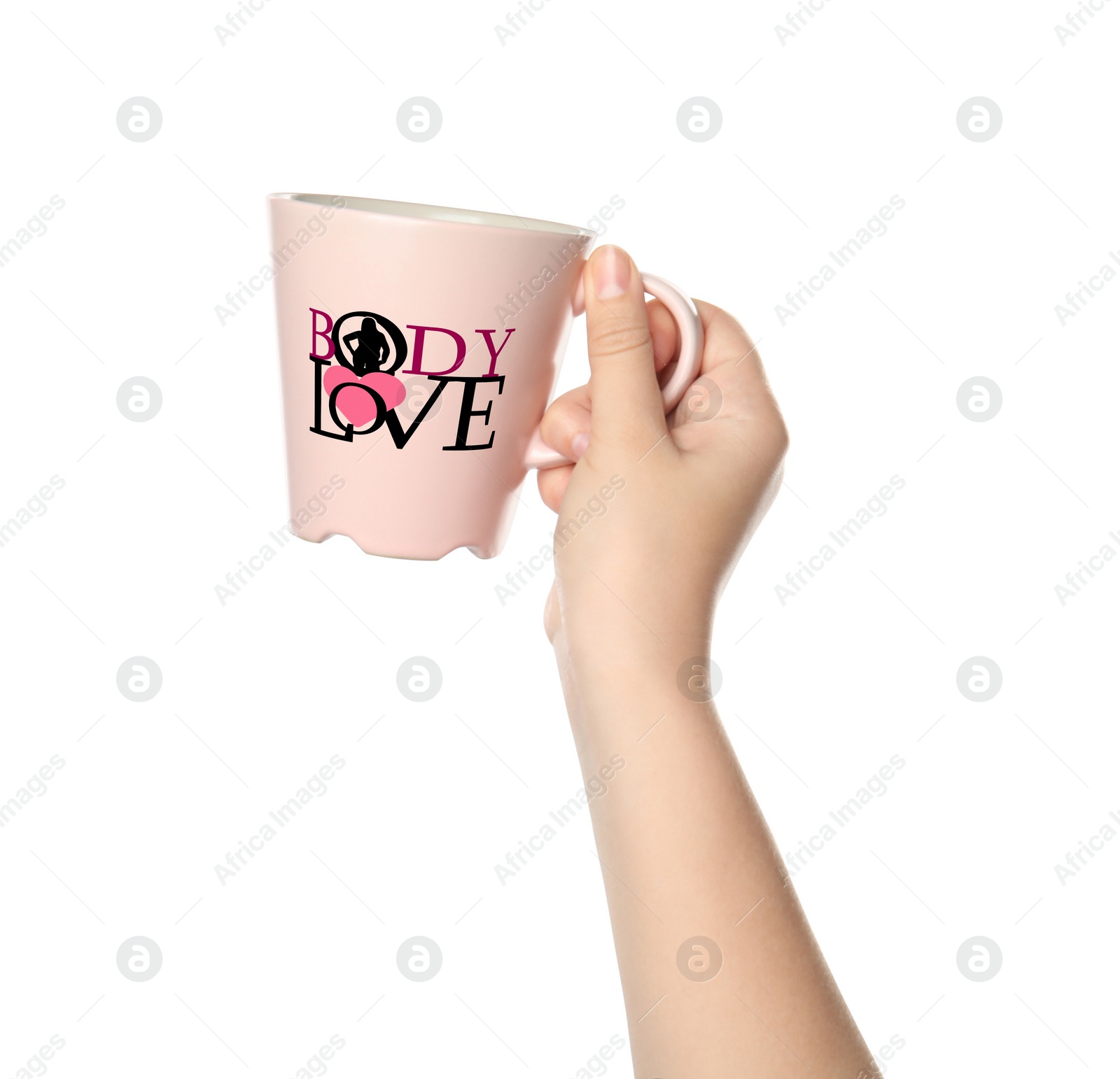 Image of Woman holding cup with words Body Love, pink heart and silhouette of woman in letter O on white background, closeup