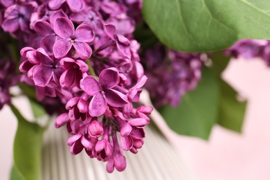 Photo of Closeup view of beautiful lilac flowers on pink background