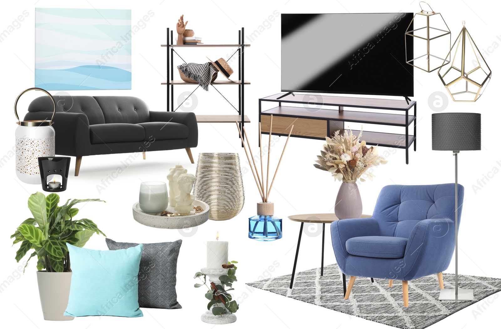 Image of Living room interior design. Collage with different combinable furniture and decorative elements on white background