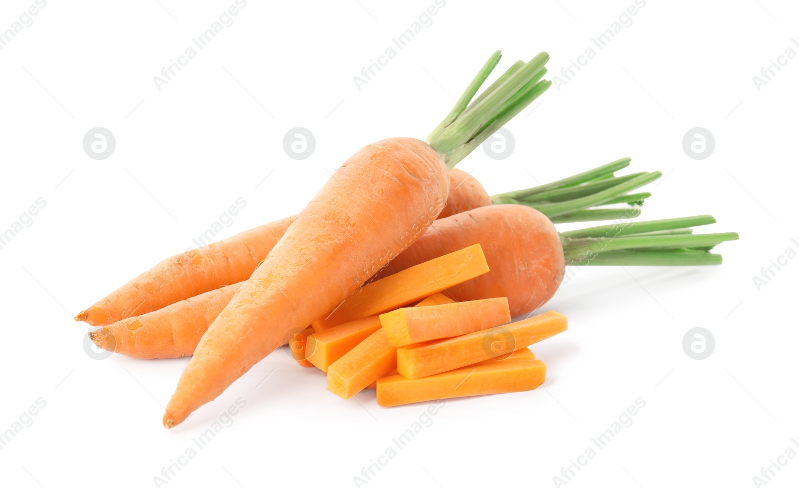 Photo of Whole and cut ripe carrots isolated on white