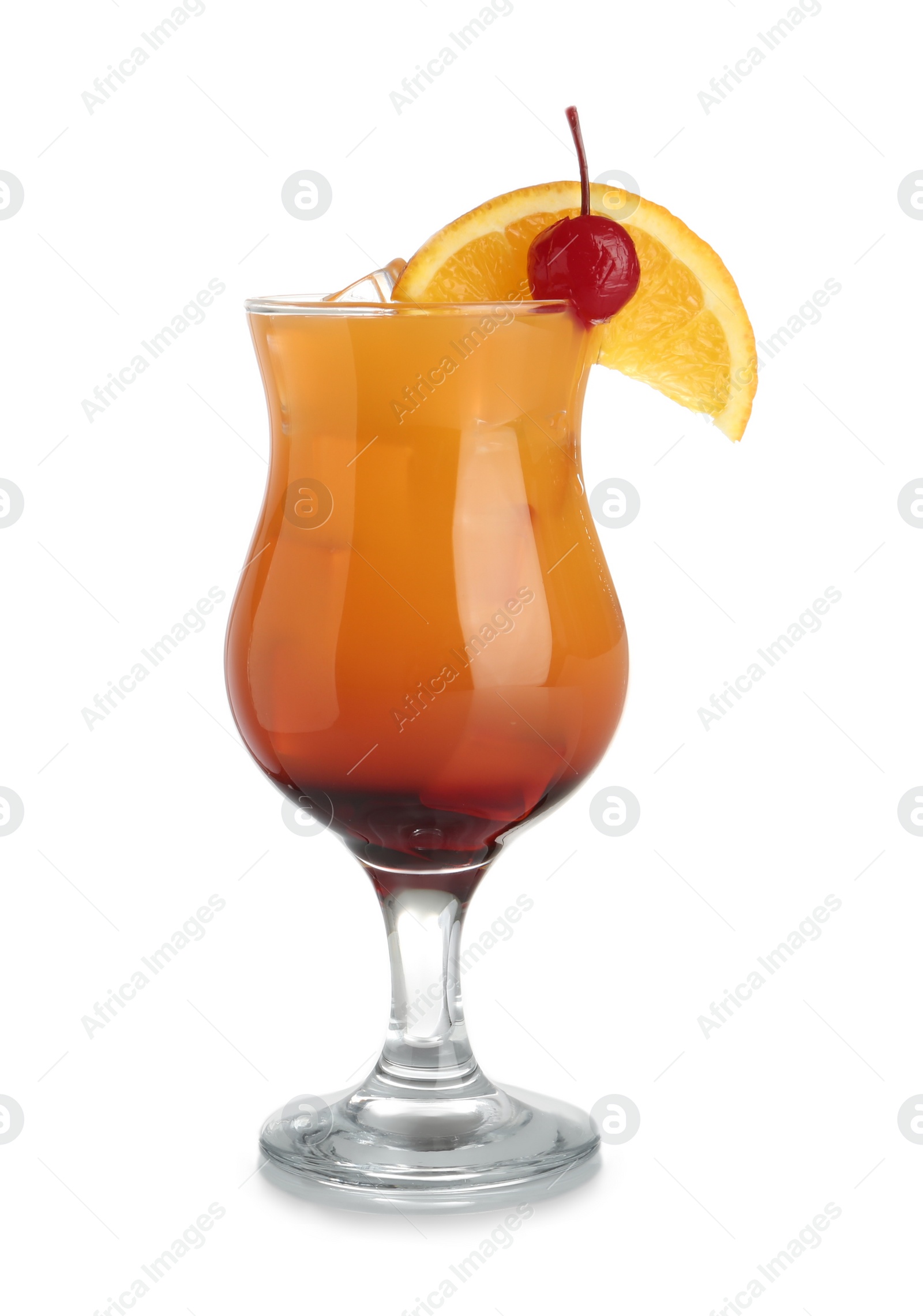 Photo of Tasty cocktail with ice cubes isolated on white