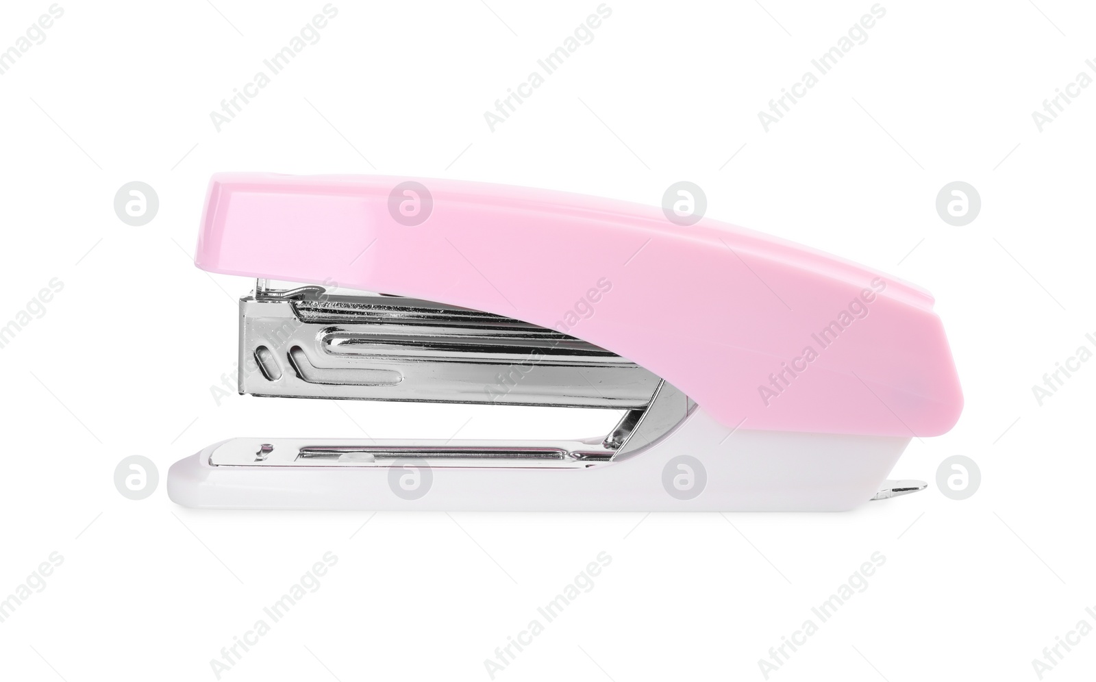 Photo of One new pink stapler isolated on white