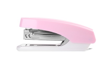 One new pink stapler isolated on white