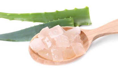 Aloe vera gel in spoon and slices of plant isolated on white, closeup
