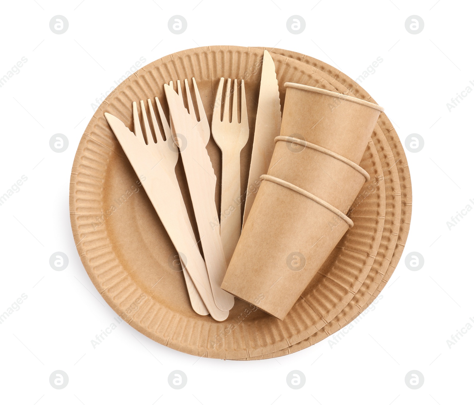 Photo of Set of disposable tableware on white background, top view