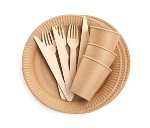 Photo of Set of disposable tableware on white background, top view