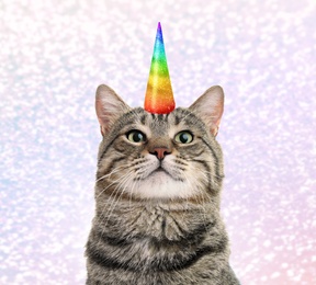 Image of Cute cat with rainbow unicorn horn on blurred sparkling background