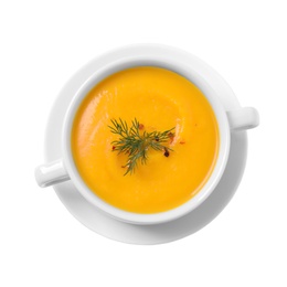 Photo of Delicious pumpkin soup in bowl on white background, top view
