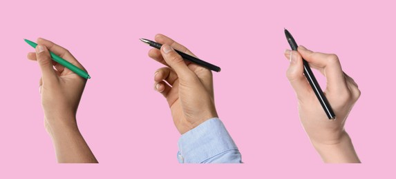 Image of Men and woman holding pens on pink background, closeup. Collage design