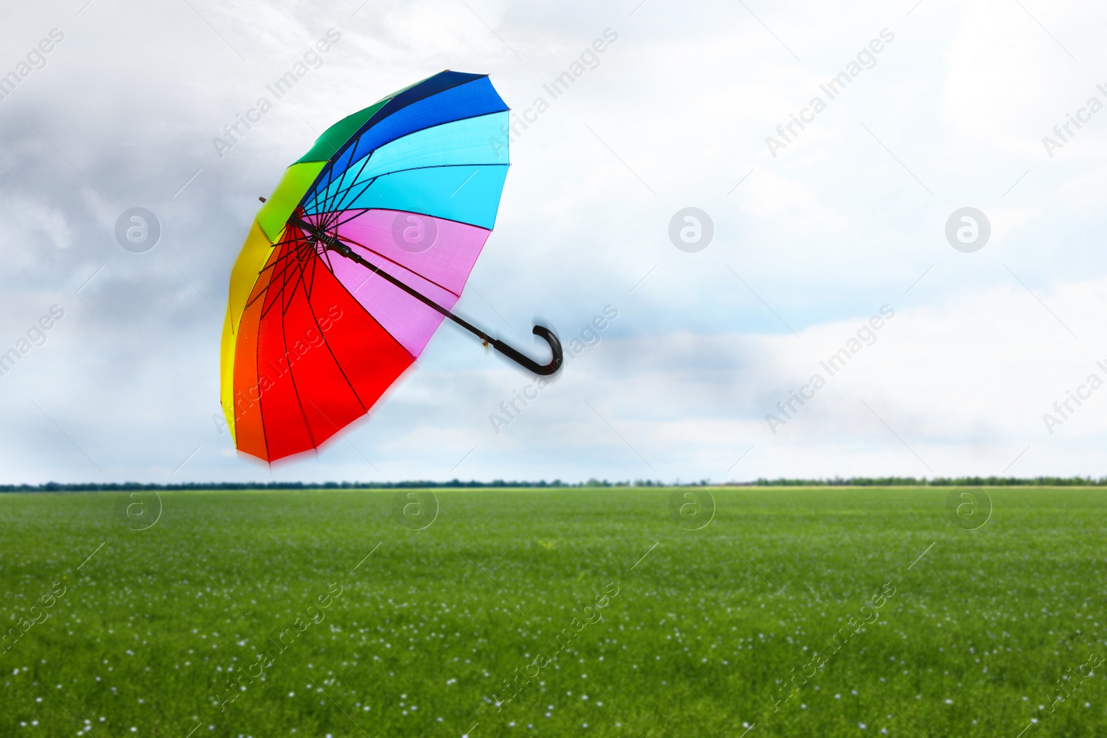 Image of Open umbrella blown by wind gust outdoors